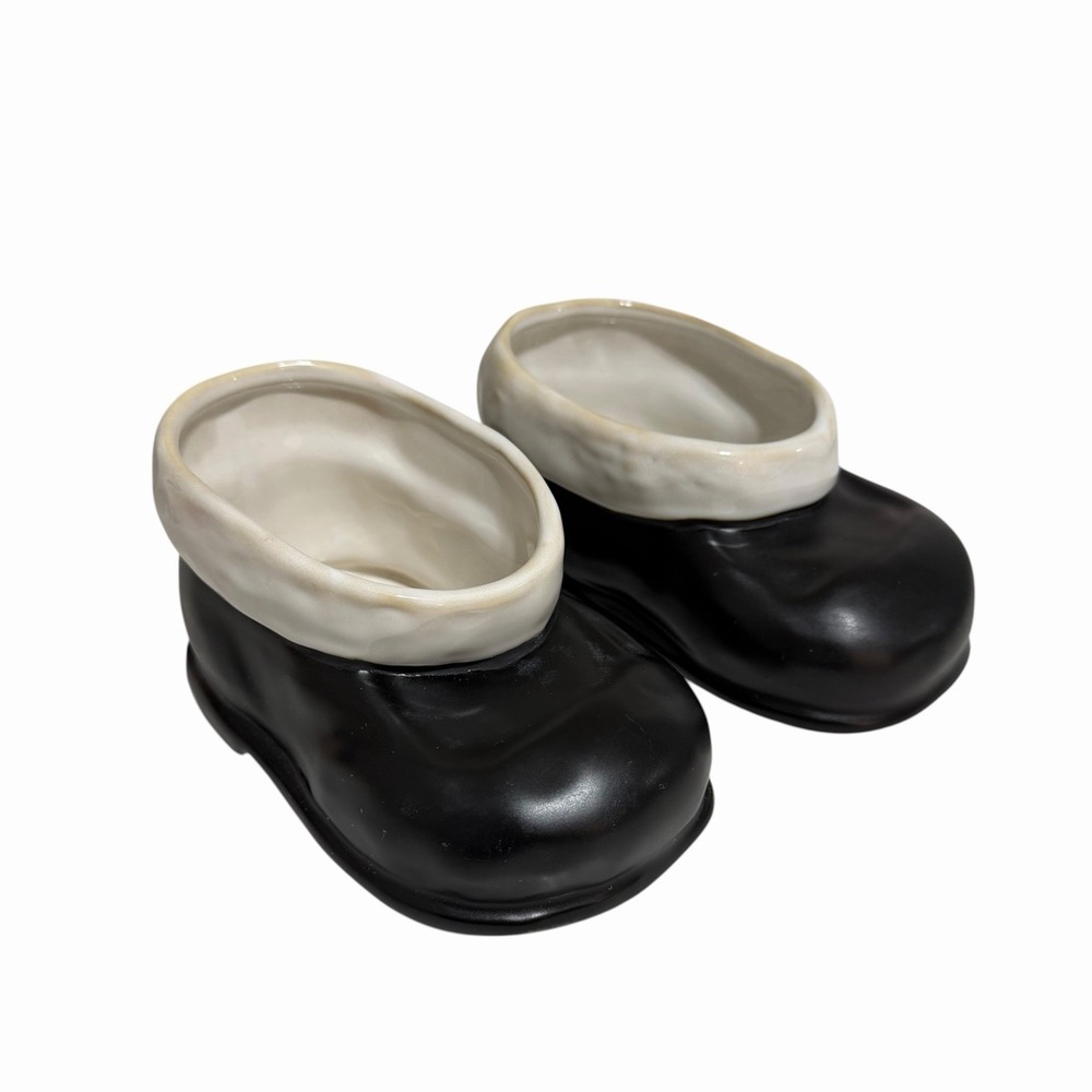 2 Pottery Barn Ceramic Santa Boots Snack Bowl / Candy Dish Black Glazed Finish